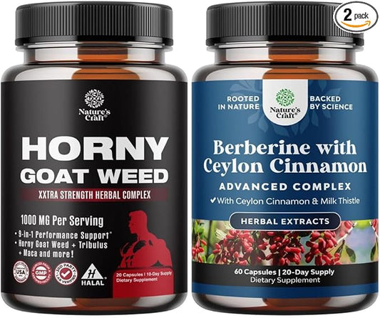 Bundle of Horny Goat Weed for Male Enhancement - Tongkat Ali Saw Palmetto Extract Panax Ginseng Black Maca Root for Stamina and Berberine with Ceylon Cinnamon - Heart Health and Sugar Support