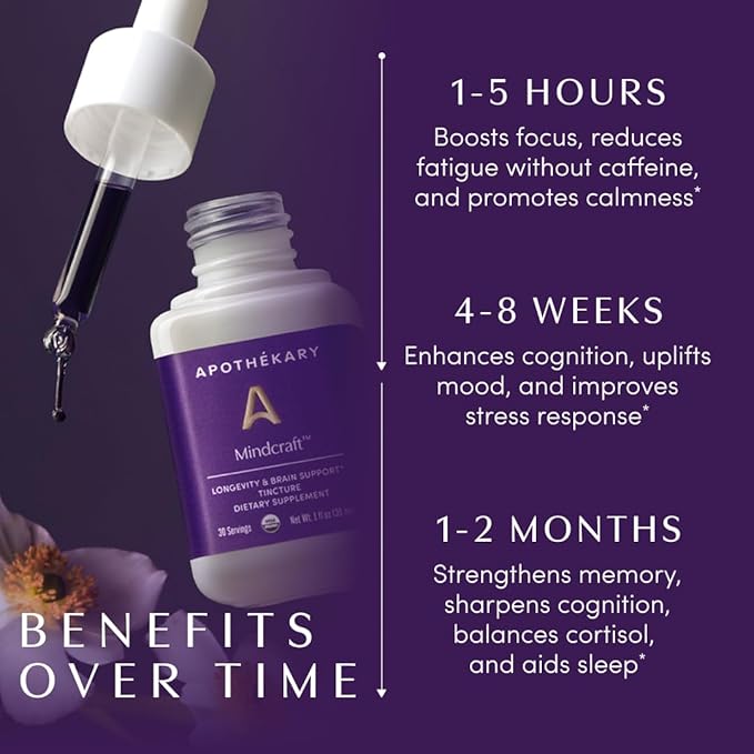 Apothékary Mindcraft Tincture, Cognition & Focus, Longevity and Anti-Aging Herbal Supplement, Brain Health Support, Vegan, 100 Servings