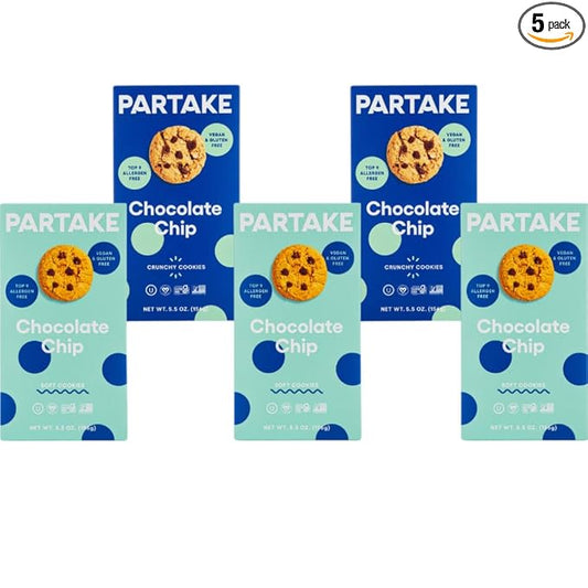 Partake Gluten Free Crunchy & Soft Baked Chocolate Chip Cookies Variety Pack - Vegan - Free From the Top 9 Allergens Including Dairy, Wheat, Soy, Eggs, & Peanuts - Non GMO - Safe School & Office Snack (5 Pack, 5.5oz Boxes)