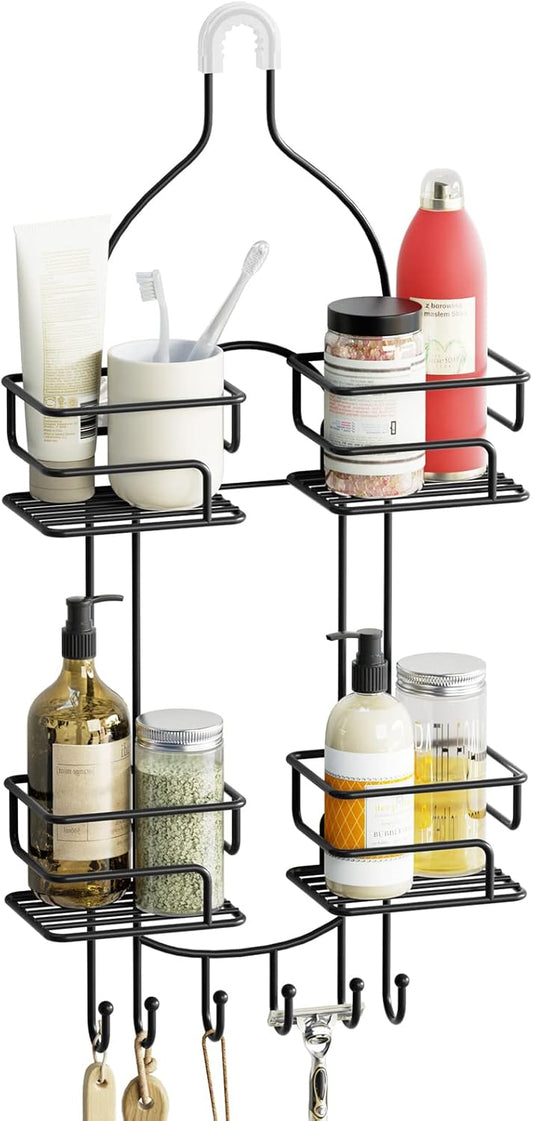 SRIWATANA Shower Caddy Hanging Over Head, Bathroom Shower Organizer Shower Rack Holder with Hooks for Razors - Black