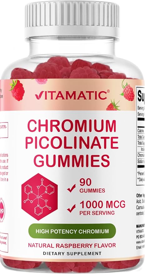 Vitamatic Chromium Picolinate 1000 mcg - 90 Gummies - High Potency Chromium - Raspberry Flavor (Total 180 Gummies) 2 Packs