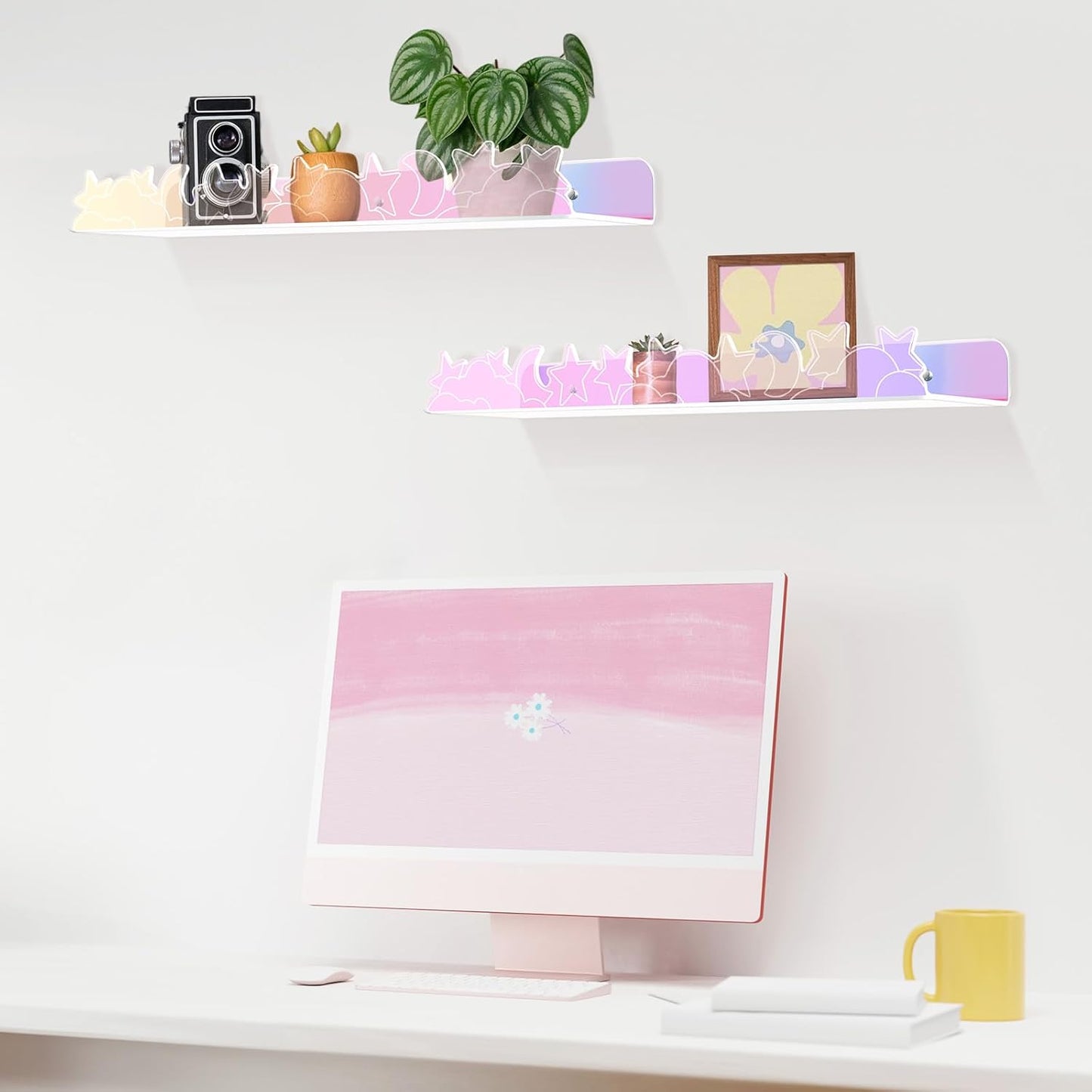 Floating Shelves for Wall,4 Pack 15.7’’x 3.5’’Adhesive Acrylic Shelves Organizer for Book Toy Photo Makeup,Wall-Mounted Kids Storage for Bathroom,Bedroom,Nursery,Iridescent Star and Moon