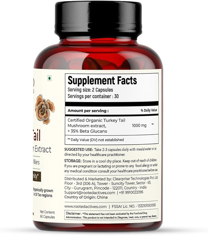 ROOTED Active's Turkey Tail Mushroom Extract Capsules (60 Veg Caps, 500 mg) | Heart Health, Stress Relief, Liver. USDA Organic, 35% Beta Glucans, Certified Organic