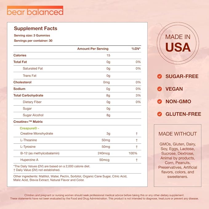 Creatine Gummies for Men & Women - Creapure® Creatine Monohydrate, L-Theanine, L-Tyrosine & B12 for Muscle Growth, Strength, Focus, Energy & Health - Low Calorie, Sugar-Free, & Vegan