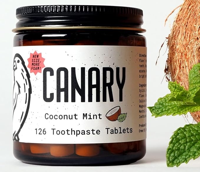 Canary Nano Hydroxyapatite Toothpaste Tablets Coconut Mint - Remineralizing, Fluoride Free, All Natural Tabs with Xylitol - Great for Travel, Plastic Free - 126 Count Jar
