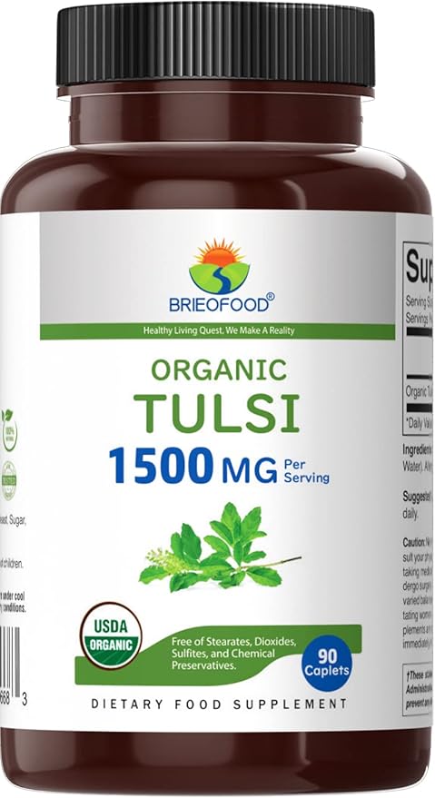 Brieofood Organic Tulsi (Holy Basil) 1500mg, 45 Servings, Vegetarian, Gluten Free, 90 Vegetarian Tablets