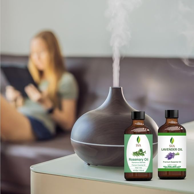 SVA Rosemary Essential Oil 4oz and Lavender Essential Oil 4oz Bundle Super Saver Combo – Premium Grade Value Set for Hair Oiling, Scalp Massage, Hair Care, Skin Care, Body Massage and Aromatherapy