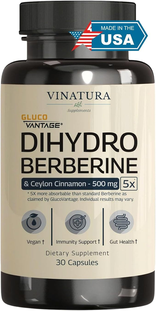 Dihydroberberine Supplement with Ceylon Cinnamon, 500mg - (Patented GlucoVantage Super Berberine), Maybe Berberine 5X More absorbable - 30 Capsules
