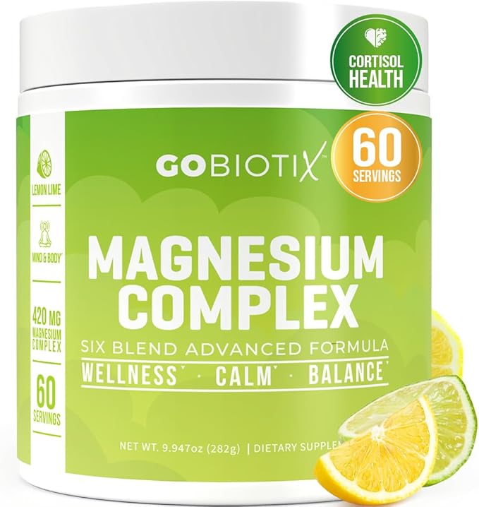 GoBiotix Magnesium Glycinate Powder – Cortisol Supplements for Women and Men – High Absorption Magnesium Complex Calm Supplement with Citrate, Malate – Sugar Free – 420 mg, 60 Servings - Lemon Lime