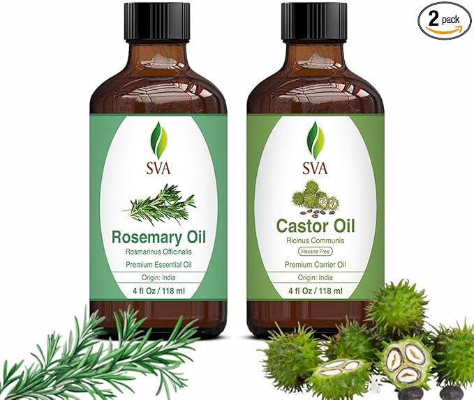 SVA Rosemary Essential Oil 4oz and Castor Oil 4oz Bundle Super Saver Combo – Premium Grade Value Set for Hair Oiling, Scalp Massage, Hair Care, Skin Care and Body Massage