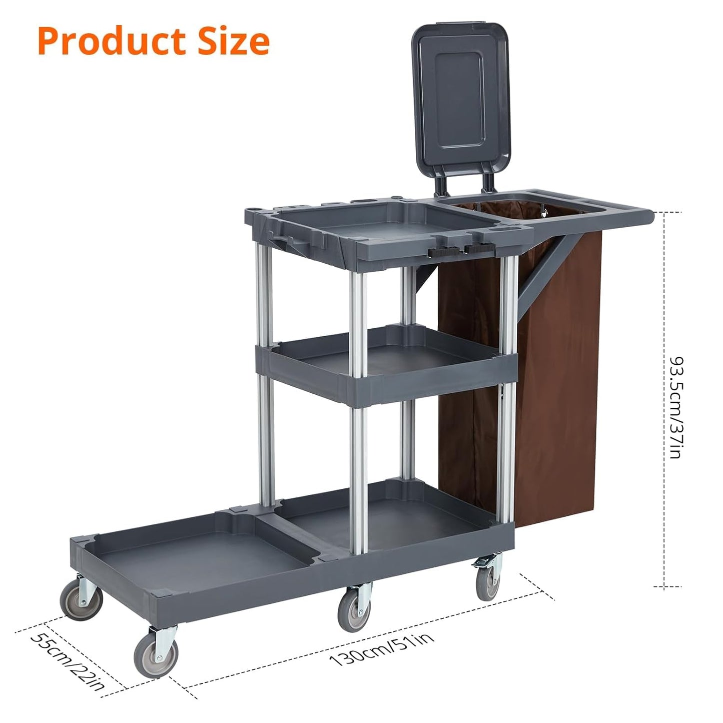 Commercial Janitorial Cleaning Cart on Wheels with Cover and Vinyl Bag, 3-Shelf Custodial Cart Housekeeping Carts for Hotels, Stores, Schools, and Business
