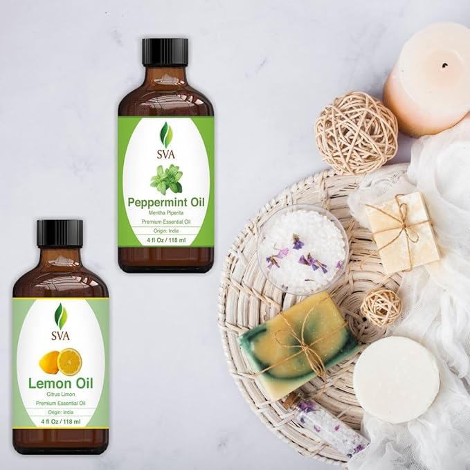 SVA Peppermint Essential Oil and Lemon Essential Oil 4oz Bundle Super Saver Combo – Premium Grade Value Set for Aromatherapy, Scalp Massage, Hair Care, Skin & Body