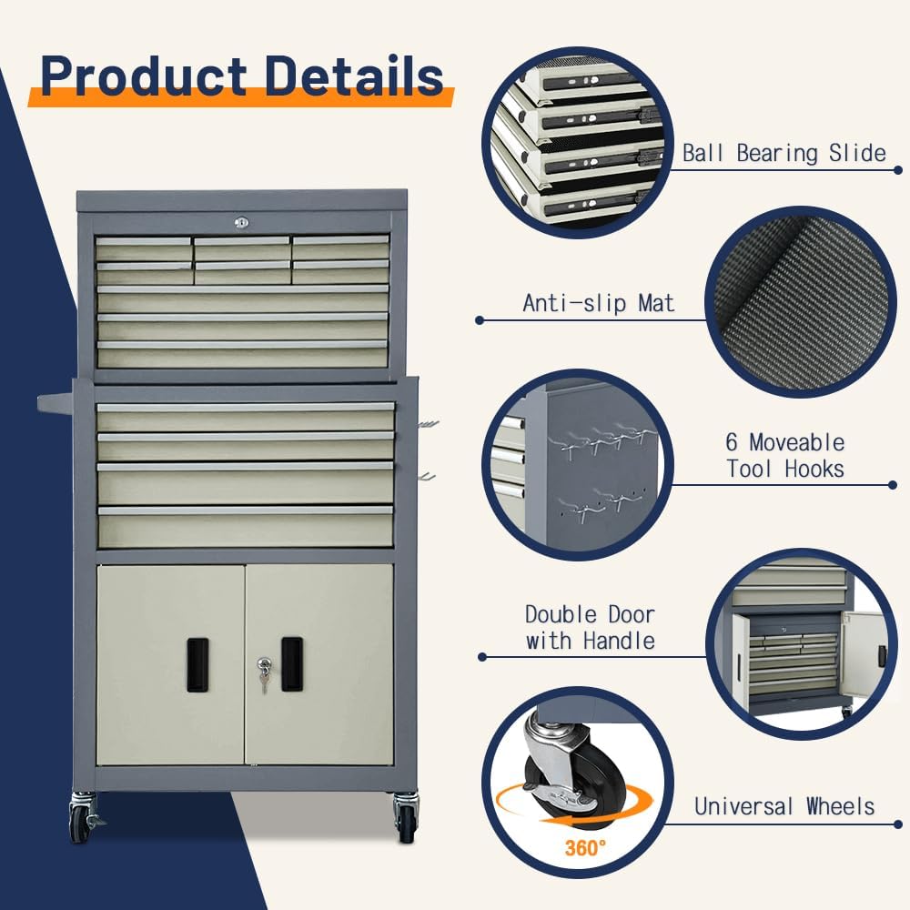 13-Drawer Double Door Rolling Tool Chest, 2 in 1 Detachable Tool Chest,Tool Box with Drawers and Wheels, Large Tool Cabinet with Lock, Metal Standing Toolbox for Garage Workshop-Gray&White