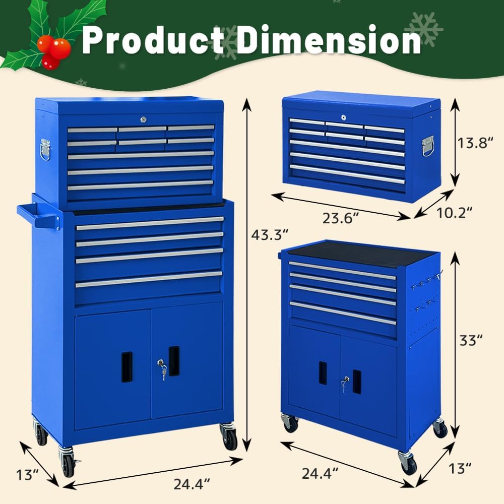 13-Drawer Rolling Tool Chest with Double Doors, 2 in 1 Detachable Rolling Tool Chest Combo, Mobile Tool Cabinet with Drawers, Metal Large Lockable Tool Box for Garage Workshop (Blue)