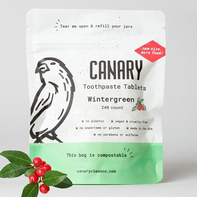 Canary Nano Hydroxyapatite Toothpaste Tablets Wintergreen - Remineralizing, Fluoride Free, All Natural Tabs with Xylitol - Great for Travel, Plastic Free - 240 Count