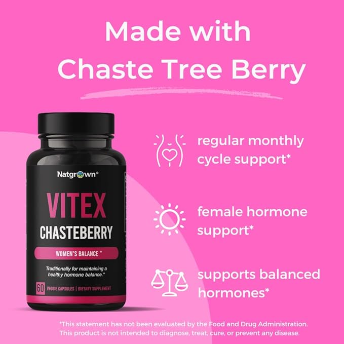 Natgrown Vitex Chasteberry Supplement for Women 1,000 mg - Agnus Castus Chaste Tree Vitex Berry Fruit Extract Capsules - 60 Ct