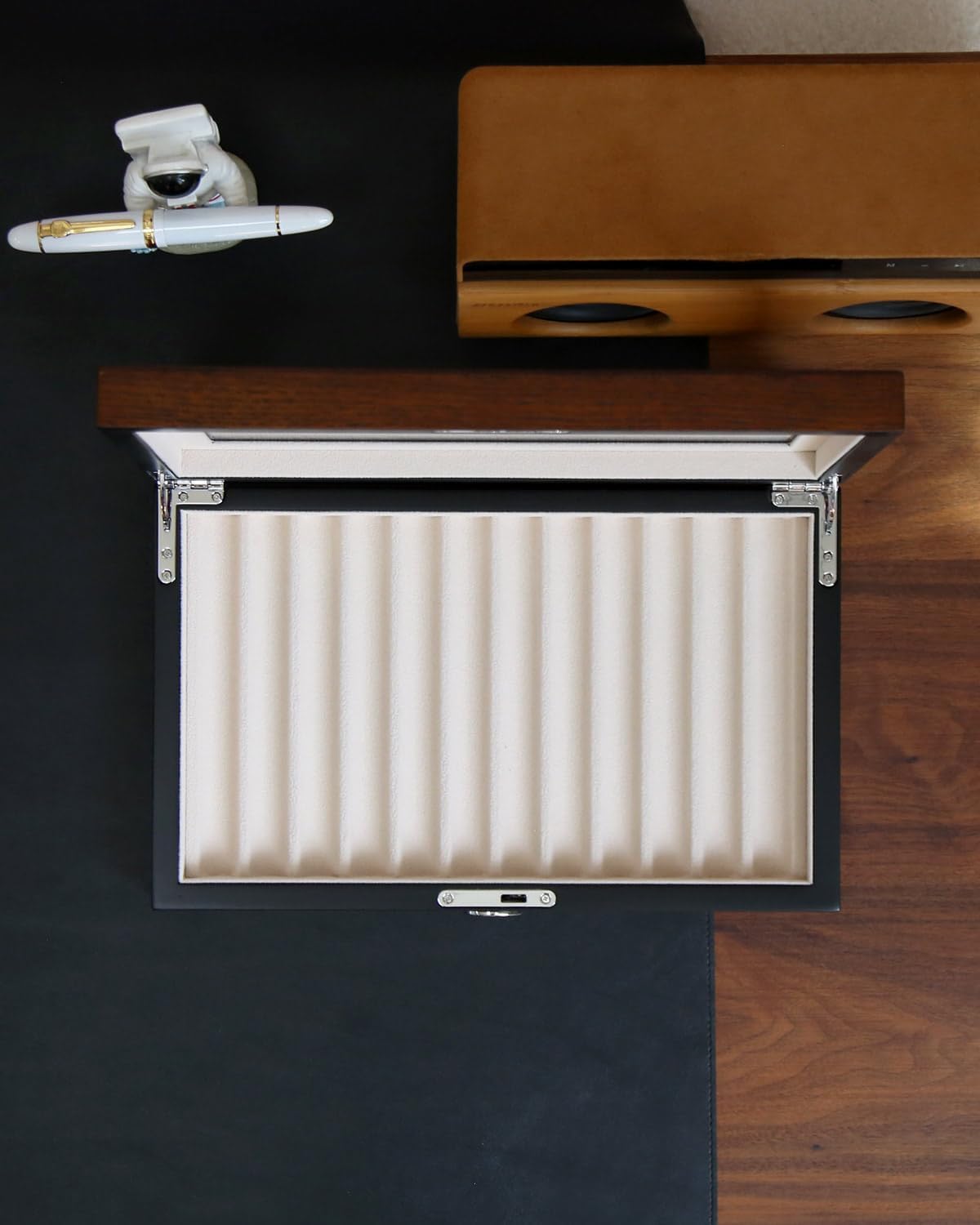 Wooden Pen Display Case – 12 Slot Lockable Fountain Pen Storage Box, Brown Collectors Display with Glass Top, Gift for Men