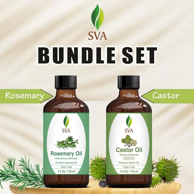 SVA Rosemary Essential Oil 4oz and Castor Oil 4oz Bundle Super Saver Combo – Premium Grade Value Set for Hair Oiling, Scalp Massage, Hair Care, Skin Care and Body Massage