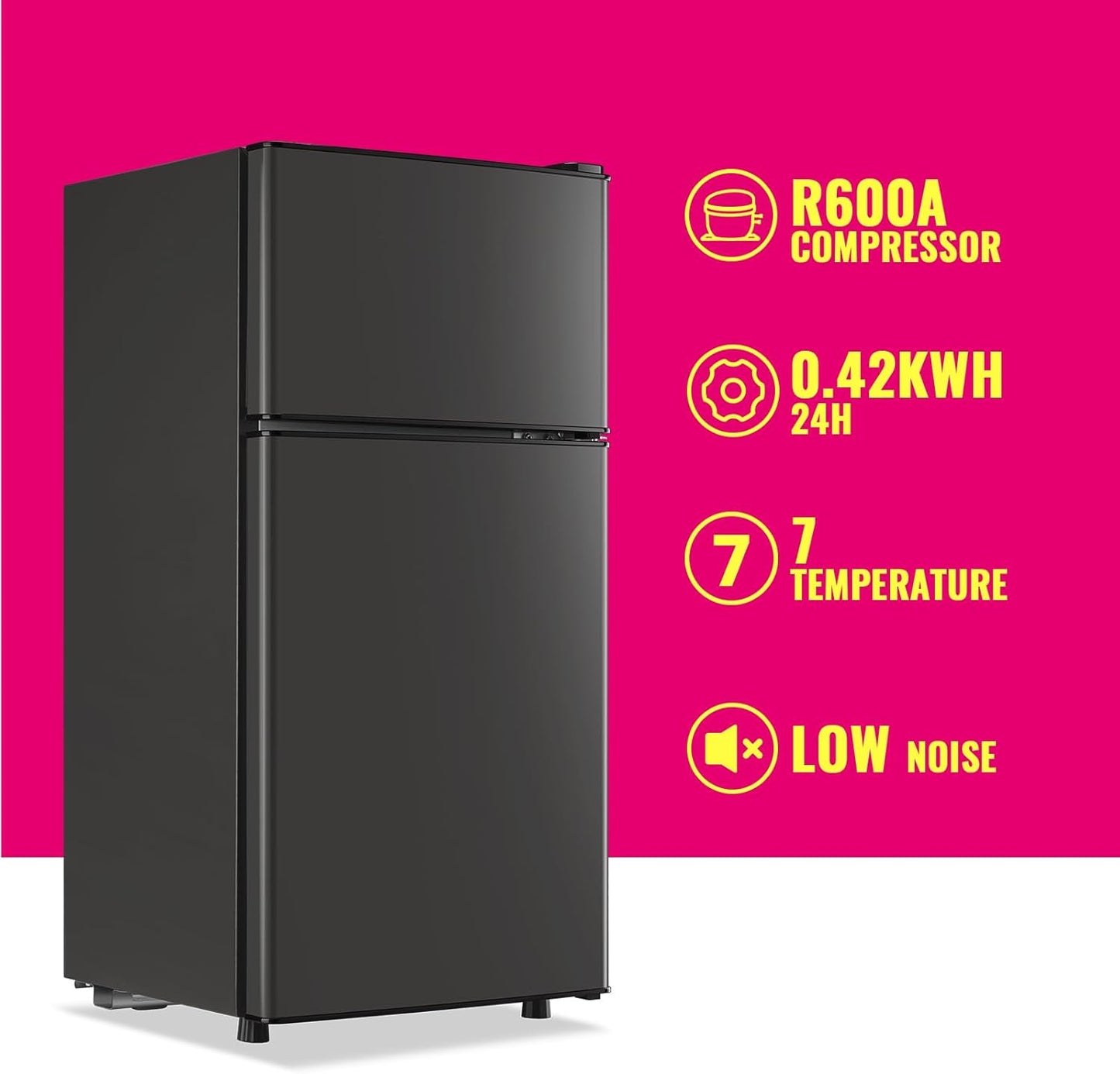 Mini Fridge with Top Freezer Apartment Size Dual Door Compact Small Refrigerator for Personal Use Small Mini Fridge with Egg tray, 7 Temperature Control For Dorm, Apatmet, Dark Grey