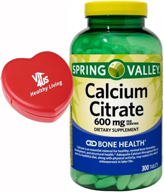 Spring Valley - Calcium Citrate, Bone Health Supplement, 600mg, 300 Count, (1) + ViT4 Pill Box.