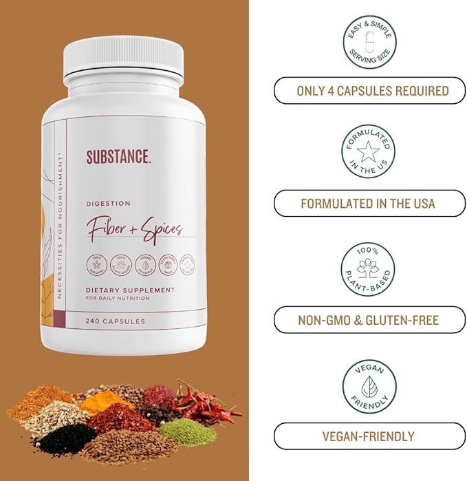 SUBSTANCE. - Nature's Fiber & Spices for Digestive Wellness - Supports Colon Cleanse - Formulated with Psyllium Husk, Flax Seed & Ginger - Dietary Fiber Supplement - Vegan-Friendly - 240 Capsule