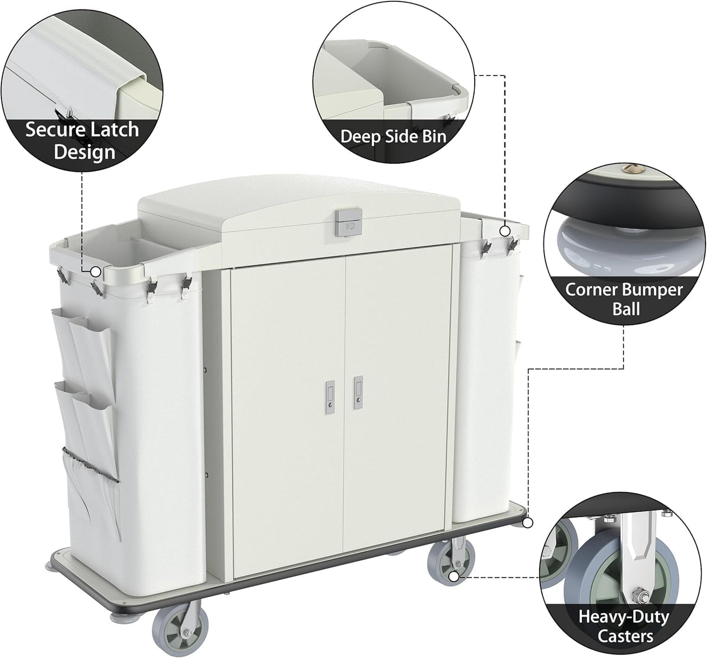 Heavy Duty Metal Housekeeping Janitorial Cart,Silent Casters,Locking Large Capacity Cabinets,Cleaning cart for Housekeeping/Commercial Facility/Hotel/Stadium/School(White)