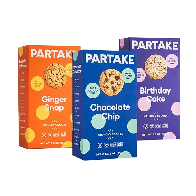 Partake Gluten Free Crunchy Cookies Variety Pack (Chocolate Chip, Ginger Snap, Classic Graham Cracker) - Vegan - Free From the Top 9 Allergens Including Dairy, Wheat, Soy, Eggs, & Peanuts - Non GMO - Safe School & Office Snack (3 Pack, 5.5oz Boxes)