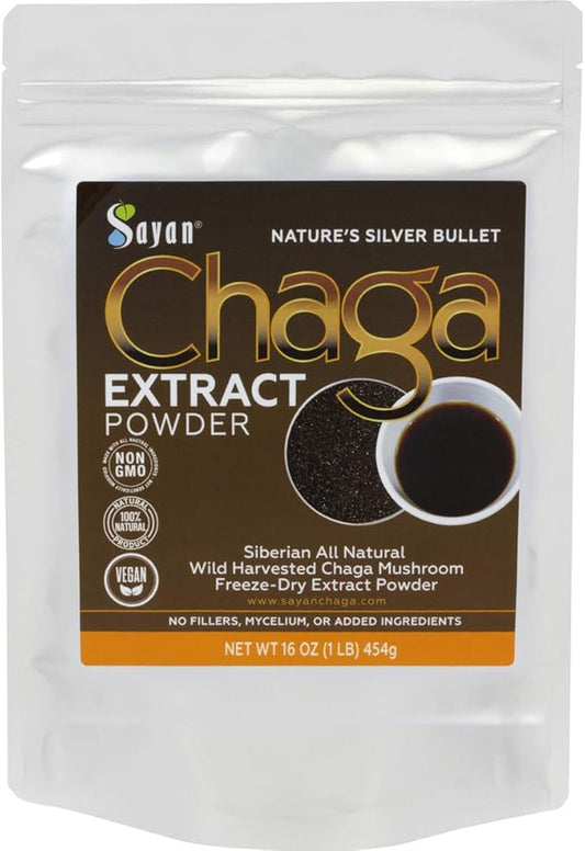 Sayan Chaga Mushroom Extract Powder (1 Lb) – Freeze Dried Siberian Wild Harvested - Organic Antioxidant Tea for Immune and Digestion Support - Focus, Energy, Clarity, Wellness - No Additives