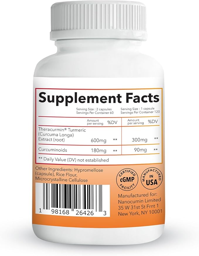 Theracurmin Turmeric Curcumin Supplement, 120 Count, High Absorption Turmeric & Curcumin - Joint Supplement for Men and Women - 42.6X More Bioavailablity