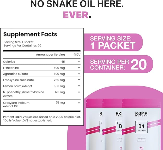 B4 - Supplement - Available in 6 Flavors - L-Theanine, Lemon Balm Extract, and More - 20 Count (20 Packets, Zesty Pink)