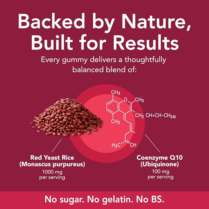 Sugar-Free Red Yeast Rice with CoQ10 Gummies - Cholesterol Supplements with Red Rice Yeast 1000 mg. - Cholesterol Gummies Complex - Vegan, Non-GMO, Gluten-Free & Citrinin-Free Supplement