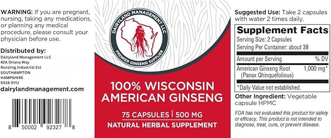 Dairyland American Ginseng Capsules, 75 ct (2000 mg) – Concentrated Wisconsin Ginseng Root Extract – Daily Herbal Supplement for Immune Support
