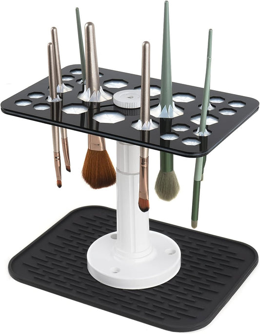 Makeup Brushes Drying Rack with Silicone Mat, 26 Holes Acrylic Brush Holder Stand Tree Tray, Adjustable Makeup Brush Holder