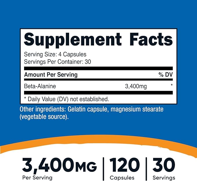 Nutricost Beta-Alanine Capsules 3400mg, 120 Caps (30 Serv) - Potent Beta Alanine, Gluten Free & Non-GMO, 850mg Per Cap
