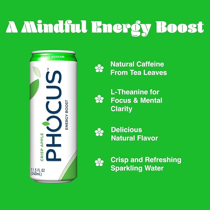 PHOCUS Caffeinated Sparkling Water, Crisp Apple, 75mg Natural Caffeine Plus L-Theanine, Zero Sugar, Zero Calories, No Artificial Sweeteners, 11.5 fl oz Cans (Pack of 12)