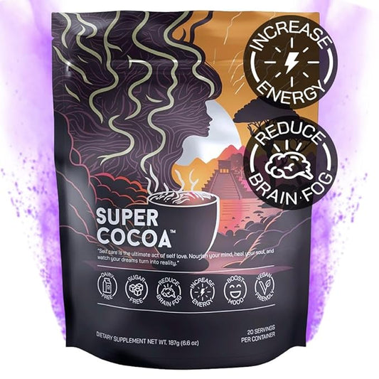 Super Cocoa Coffee Alternative Hot Chocolate Mix - Nootropics Brain Support Supplement for Memory & Focus - Mushroom Coffee Substitute - Dairy Free, Sugar Free, Keto, Vegan Superfood Powder Mix