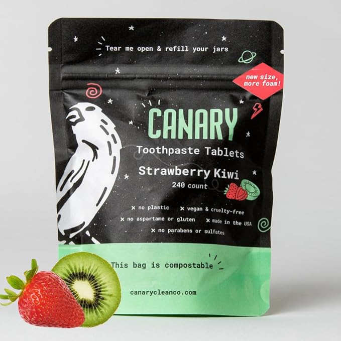 Canary Nano Hydroxyapatite Toothpaste Tablets Strawberry Kiwi - Remineralizing, Fluoride Free, All Natural Tabs with Xylitol - Great for Kids, Plastic Free - 240 Count