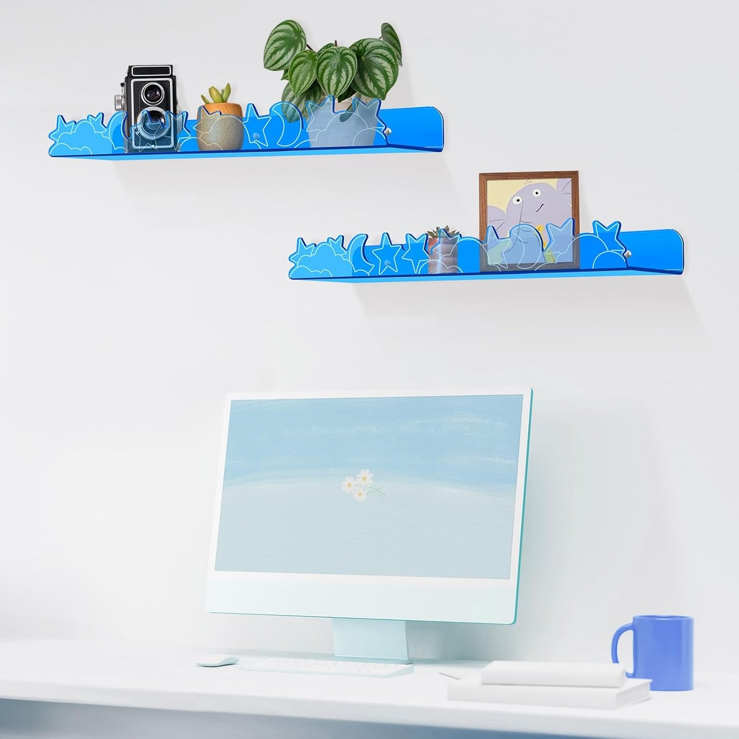 Floating Shelves for Wall,4 Pack 15.7’’x 3.5’’Adhesive Acrylic Shelves Organizer for Book Toy Photo Makeup,Wall-Mounted Kids Storage for Bathroom,Bedroom,Nursery,Blue Star and Moon
