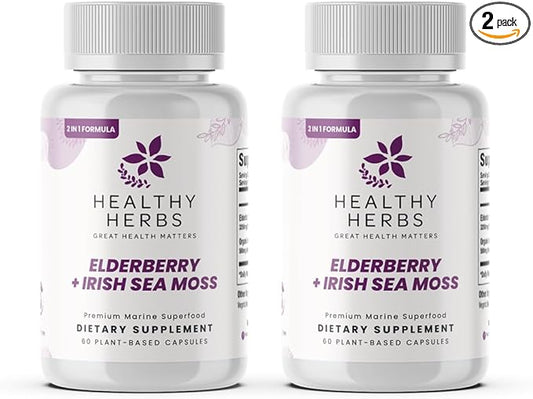 Wildcrafted Elderberry Sea Moss Capsules | 2600mg Irish Sea Moss + Elderberry Essentials Blend | US-Made, Vegan, Non-GMO, Easy-Swallow (2-Pack)
