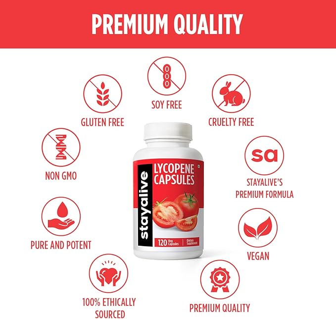 STAY ALIVE Lycopene Supplement for Men 60mg, Natural Tomato Extract Powder, 120 Capsules with 4 Months Supply, 100% Veg Lycopene Complex, Non-GMO and Gluten Free Carotenoid Supplement
