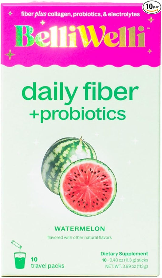 Daily Fiber Supplement Packets with Collagen, Probiotics & Electrolytes | Single Serve Packets for Gut Health, Digestion & Debloating | Watermelon | 10 Count