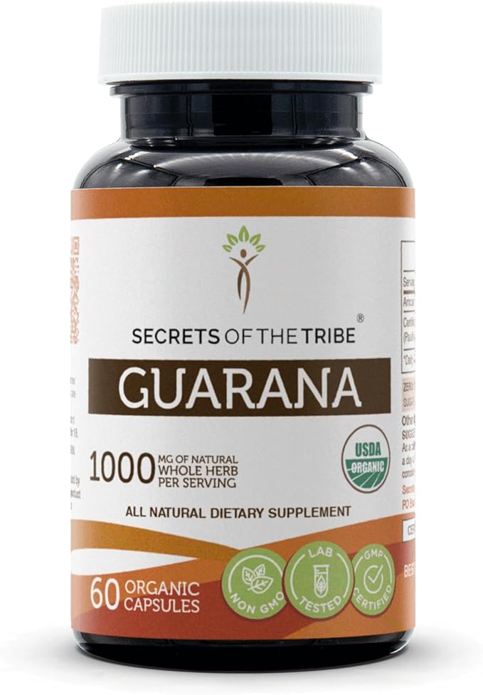 Secrets of the Tribe Guarana USDA Organic Capsules | Certified Organic Vegetarian Capsules, Herbal Dietary Supplement | Paullinia cupanais Dried Seed (60 Count)