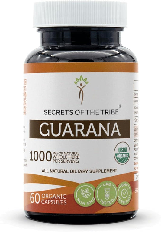 Secrets of the Tribe Guarana USDA Organic Capsules | Certified Organic Vegetarian Capsules, Herbal Dietary Supplement | Paullinia cupanais Dried Seed (60 Count)