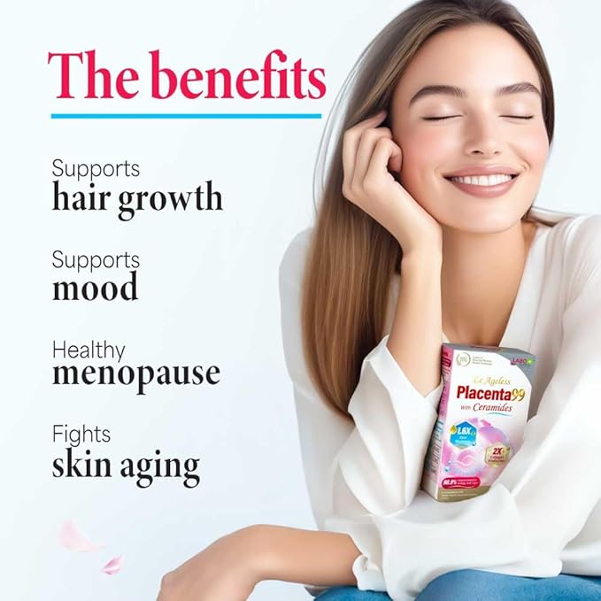 LABO Nutrition Le Ageless Placenta 99 with Ceramides -Placenta Supplement with Collagen Peptides, Oryza Ceramides-Skin Regeneration, Hydration, Anti-Aging Wrinkle Support, Immune Health, 60 Capsulesx3