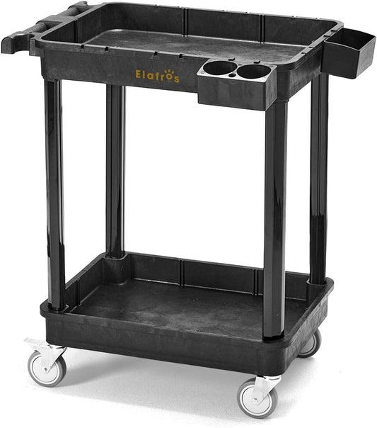 ELAFROS Heavy Duty 2-Shelf Utility Cart, 28x19 Inch, 330 lbs Capacity, Industrial Plastic, Locking Swivel Wheels - Multipurpose Service Rolling Cart for Home, Office, Industrial Use