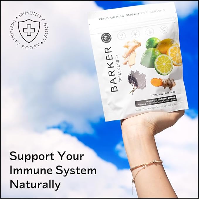Barker Wellness Immunity Gummies | Vitamin C, Zinc, Elderberry, Turmeric & Ginger | Immune Support | Vegan, Sugar-Free | Lemon Lime Flavor | 60 Gummies