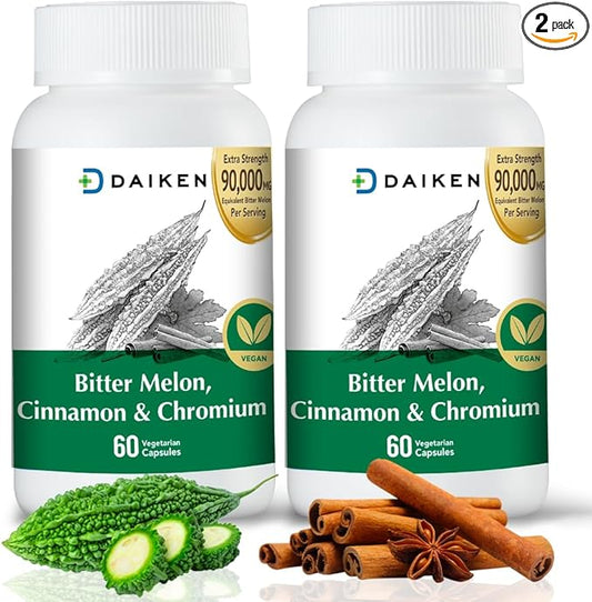 DAIKEN Bitter Melon 90,000 mg Equivalent, Enriched with Cinnamon, Chromium & Zinc, 100% Vegetarian Bitter Melon Capsules, 60 Capsules (Pack of 2)