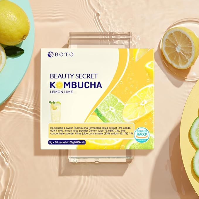 BOTO Kombucha Tea Organic Drink Sugar Free, Keto, Vegan, Low Calorie, Detoxifying Acids, Supports Gut Health, Non-GMO, Vegan, Gluten Free, Sparkling - Lemon Lime Tea - 30 of Pack
