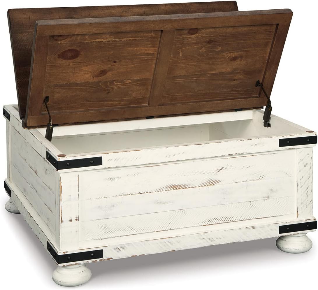 Signature Design by Ashley Wystfield Farmhouse Coffee Table with Storage, Hinged Lift Top, Wood, 36" W x 36" D x 18" H, Distressed White