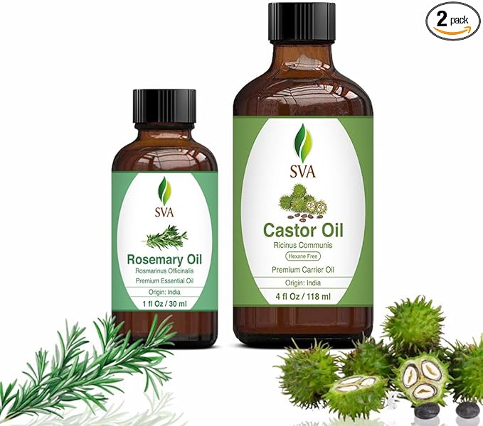 SVA Rosemary Essential Oil 1oz and Castor Oil 4oz Bundle Super Saver Combo – Premium Grade Value Set for Hair Oiling, Scalp Massage, Hair Care, Skin Care and Body Massage